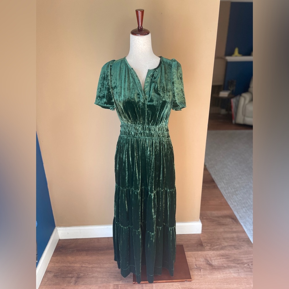 Anthropologie Somerset Velvet Tiered Maxi Dress Small Green Whimsical V Neck - Picture 2 of 9